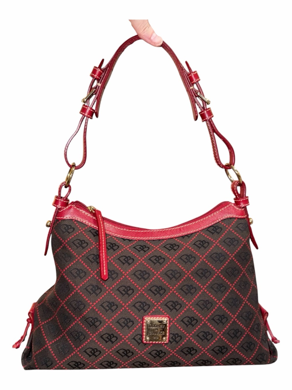 Dooney & Bourke Brown Monogram Shoulder Bag with Red Trim - Picture 2 of 9